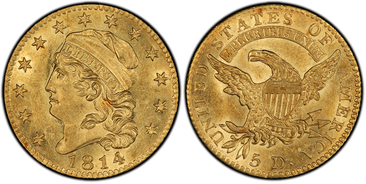 1814/3 Capped Head Left Half Eagle. BD-1. MS-63 (PCGS).